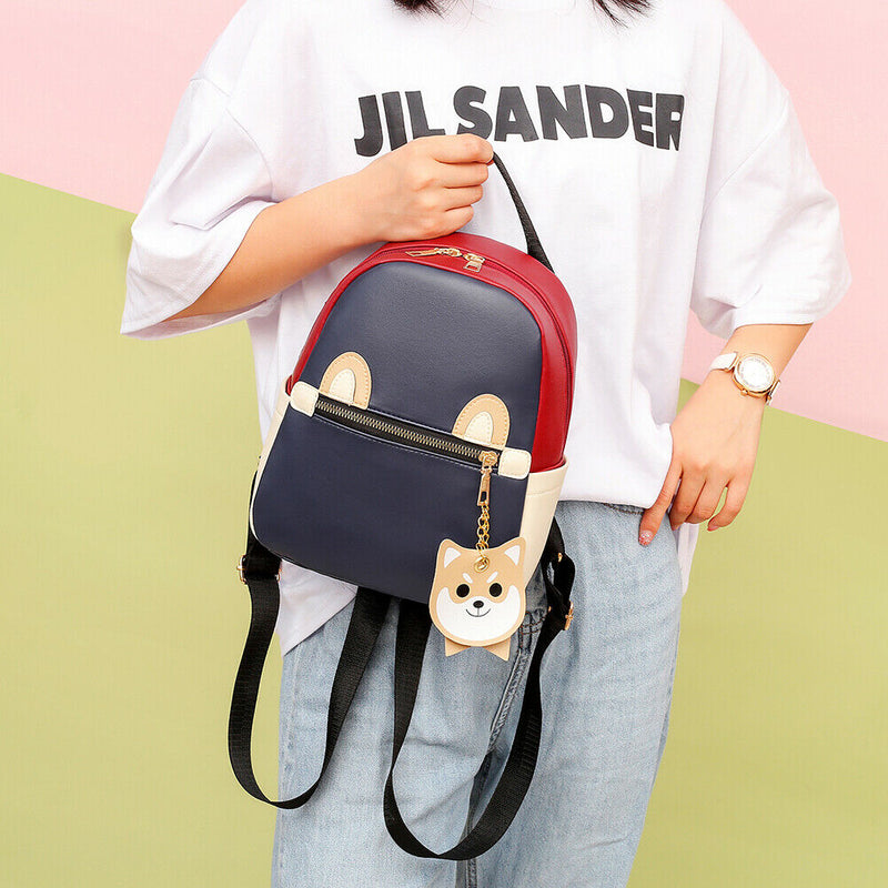 Girl Hit Color Small School Shoulder Bag Leather Women Dog Pendant Backpack