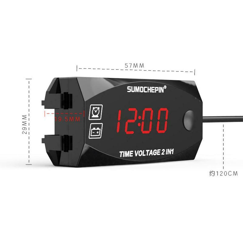 12V Motorcycle Electric Vehicle 2-in-1 Digital Display Voltmeter Time Clock
