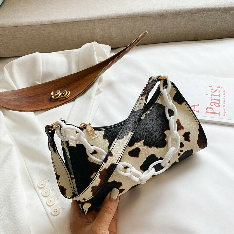 Cow Print Handbag Women PU Acrylic Chain Underarm Shoulder Bags (Beige)