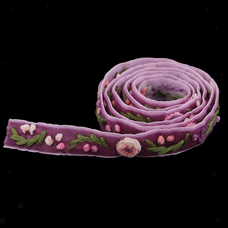 1 Yard Elegant Flower Embroidered Velvet Ribbon Lace Trim Purple for Sewing