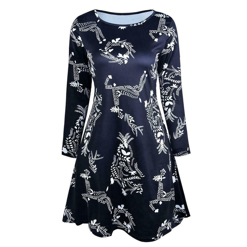 Christmas Floral Long Sleeve A-line Dress O-neck Retro Women Dresses (S)