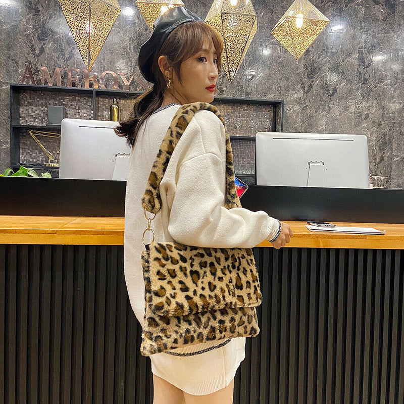 Women Big Capacity Tote Retro Plush Shoulder Messenger Bag (Brown Leopard) A