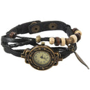 Weave Wrap Around Leather Bracelet Lady Woman Wrist Watch - Black