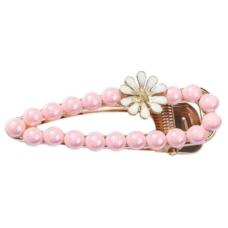 Korean Flower Beads Fringe Headwear Women Ponytail Duckbill Clip (Pink) A
