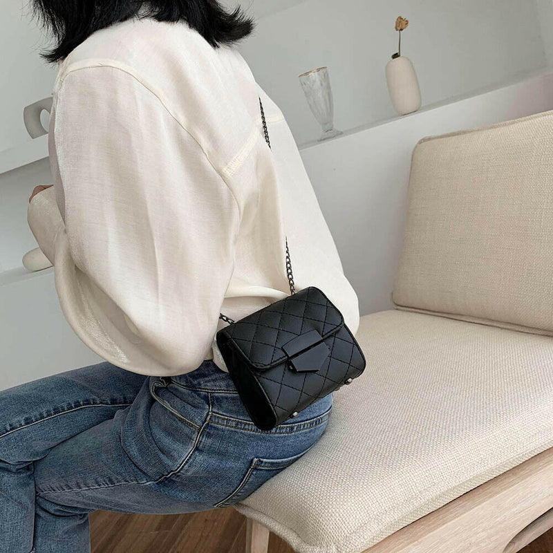 Women PU Leather Messenger Bag Chain Small Shoulder Satchel Bags (Black)