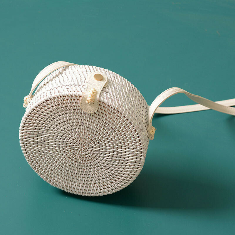 New White Round Rattan Bags For Women Boho Beach Crossbody Bag Straw Handma P2E3