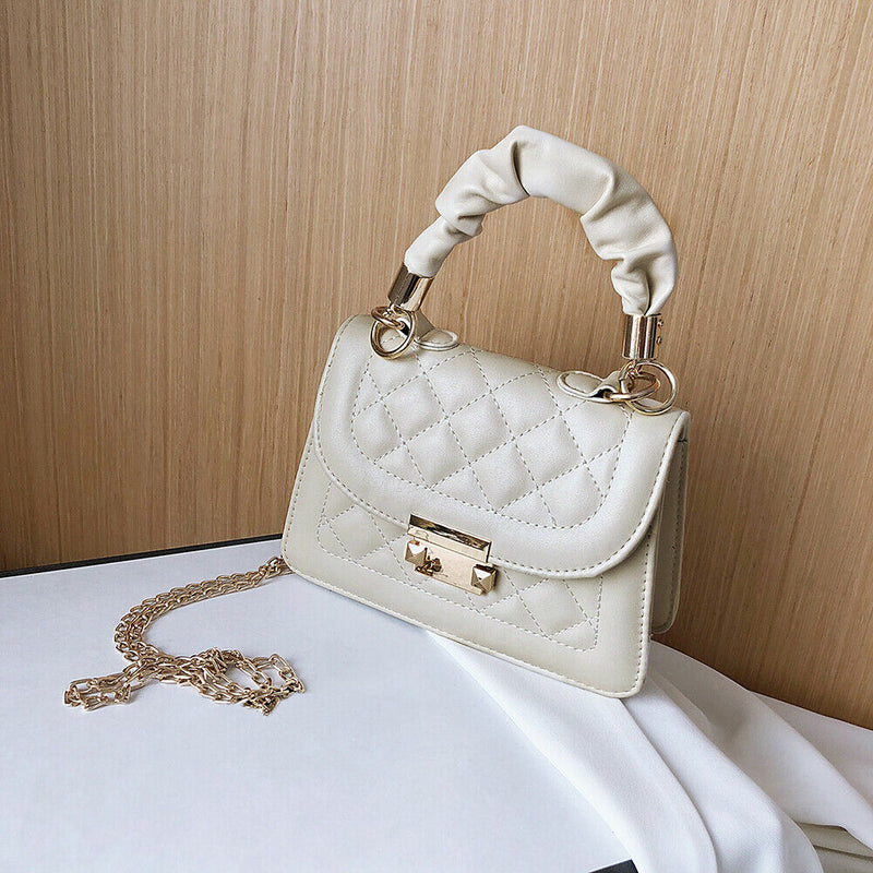 Lattice Pattern Shoulder Bags Women PU Pleated Chain Small Handbag (Beige)