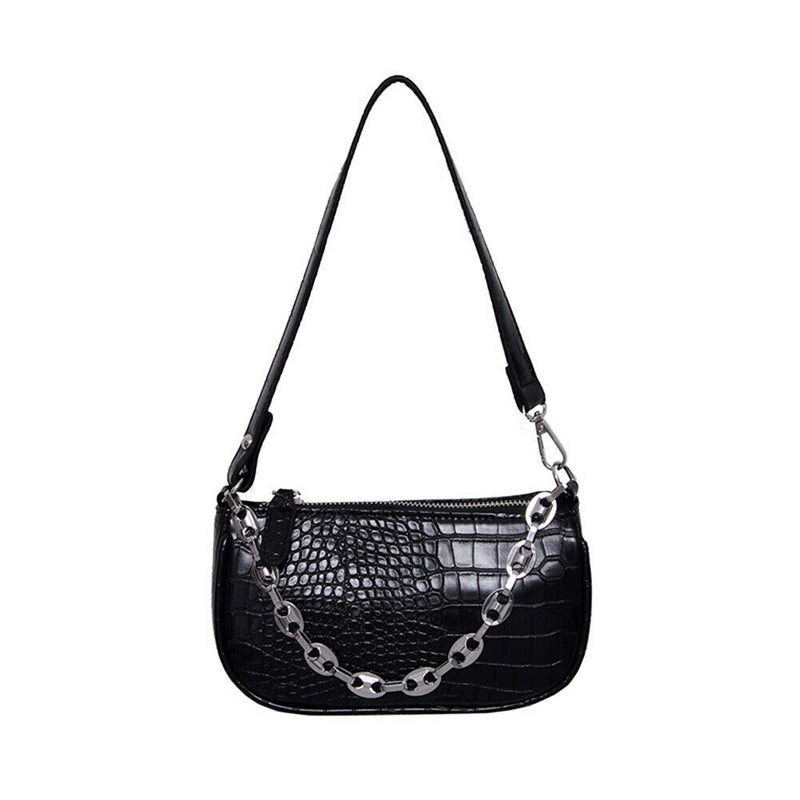 Alligator Pattern Shoulder Totes Bag Women Leather Chain Handbag (Black)