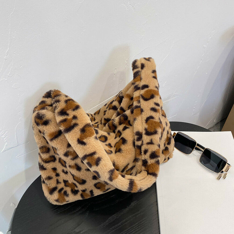 Animal Pattern Shoulder Underarm Bag Women Plush Top-handle Handbag (4)