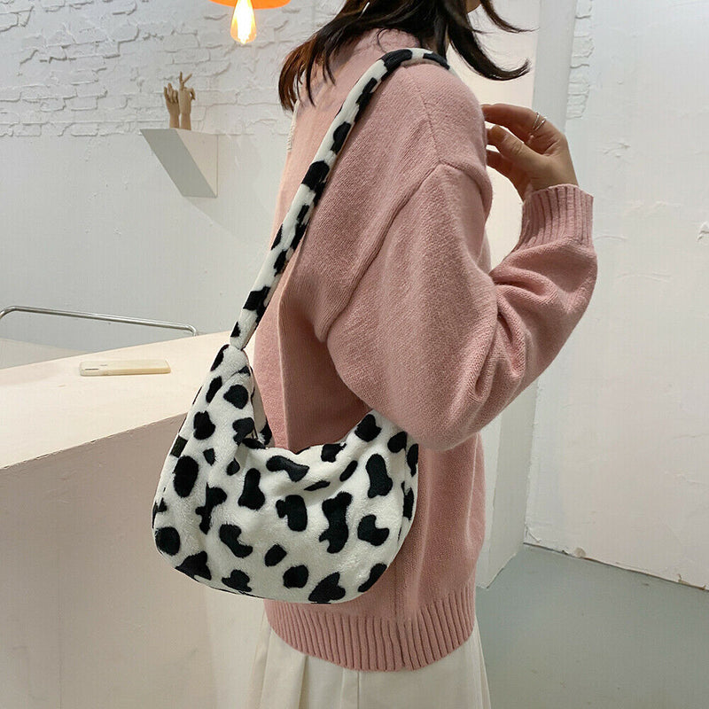 Casual Cow Printed Handbag Women Shoulder Crossbody Bag Plush Dumpling Tote