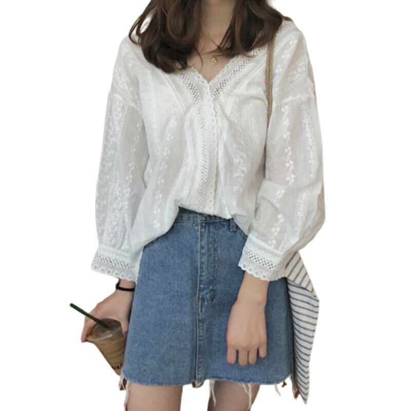 Korean Women Blouse Loose Stitching Hollow Lace V Neck Shirt Crochet Casual To3C