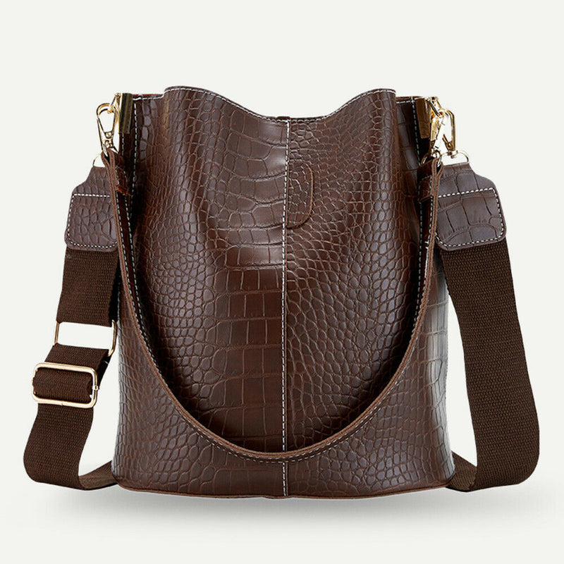 Crocodile PU Leather Women Shoulder Bag Messenger Bucket Handbag (Coffee)
