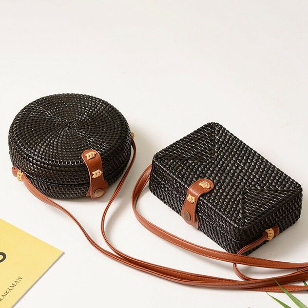 Black Beach Retro Rattan Bag Woven Handmade Ladies Round Sling Straw Bag (CiC1B9