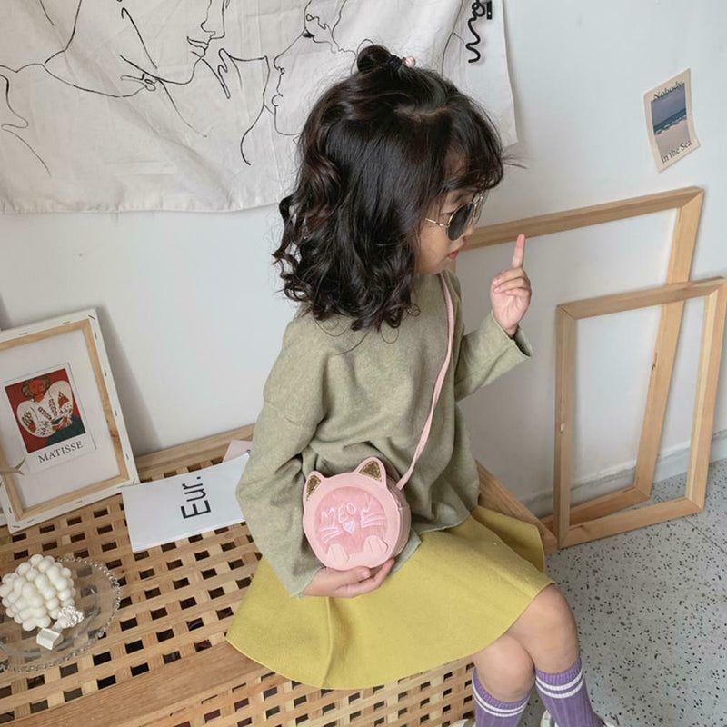 Lovely Cat Round Kids Girl Messenger Shoulder Bags PU Leather Purse (Pink)