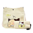 2pcs/set Women Canvas Cat Print Shoulder Crossbody Handbags Pen Bag (Beige)