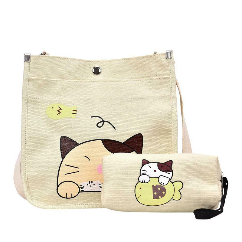 2pcs/set Women Canvas Cat Print Shoulder Crossbody Handbags Pen Bag (Beige)
