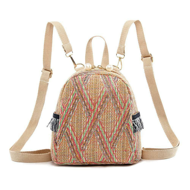 Straw Small Backpacks Women Stripe Print Shoulder School Bags (Dark Brown)