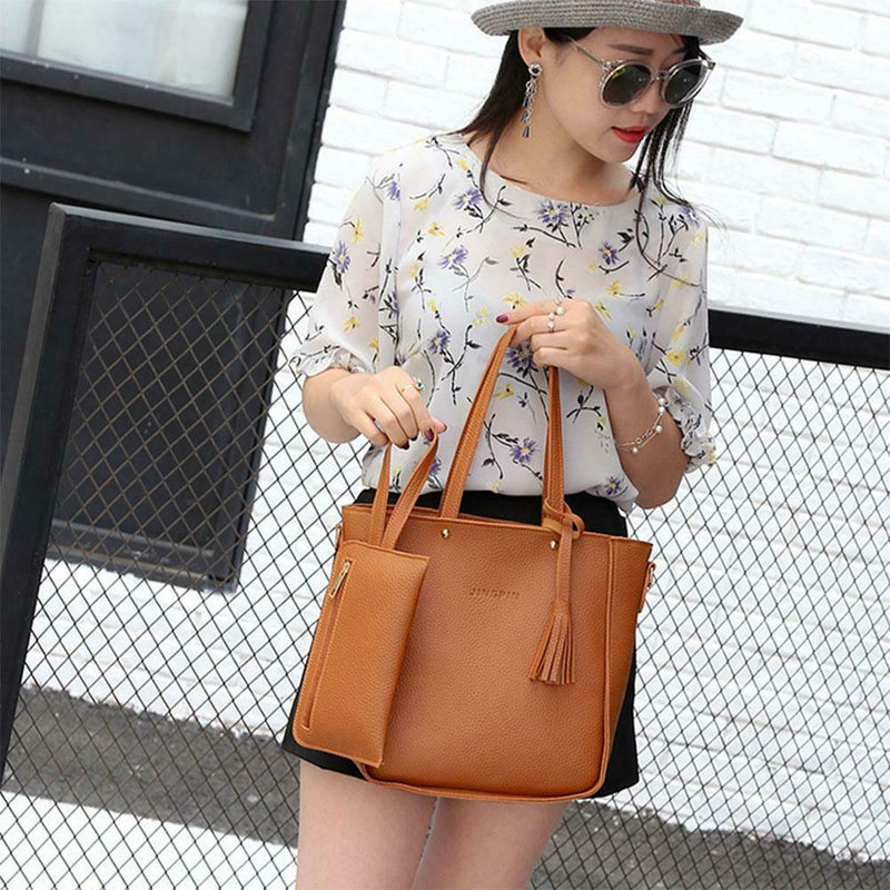 4pcs/set Litchi Leather Tassel Women Tote Shoulder Handbag Card Bags (Brown