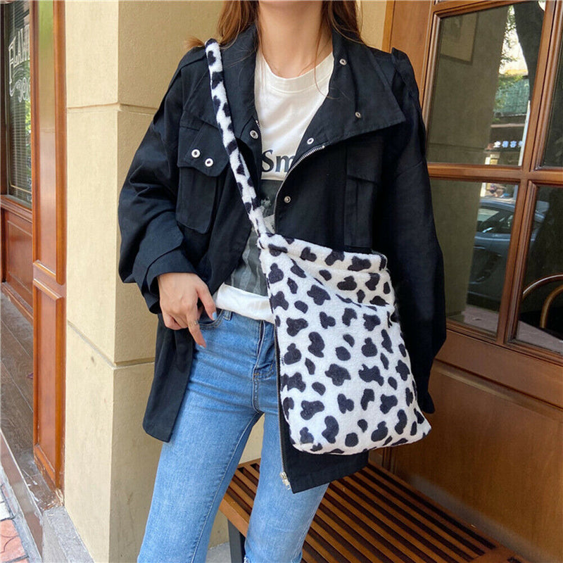 Cow Print Crossbody Bag Plush Women Fashion Big Capacity Shoulder Pouch (2)