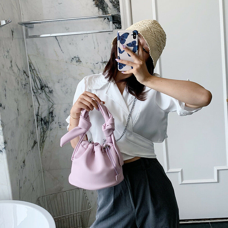 Casual Drawstring Bucket Bag Women PU Crossbody Shoulder Handbags (Pink) A