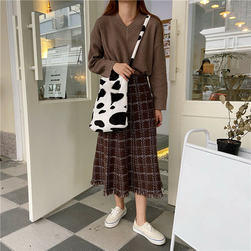 Cow Print Crossbody Bag Plush Women Fashion Big Capacity Shoulder Pouch (1)