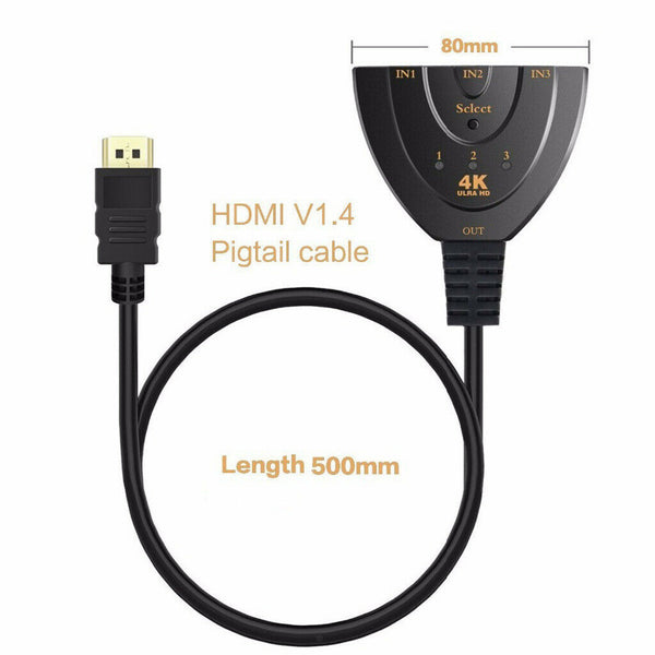 HDMI 3 Port Splitter 4Kx2K Splitter 3 in 1 Output Ports Full Remote Switch