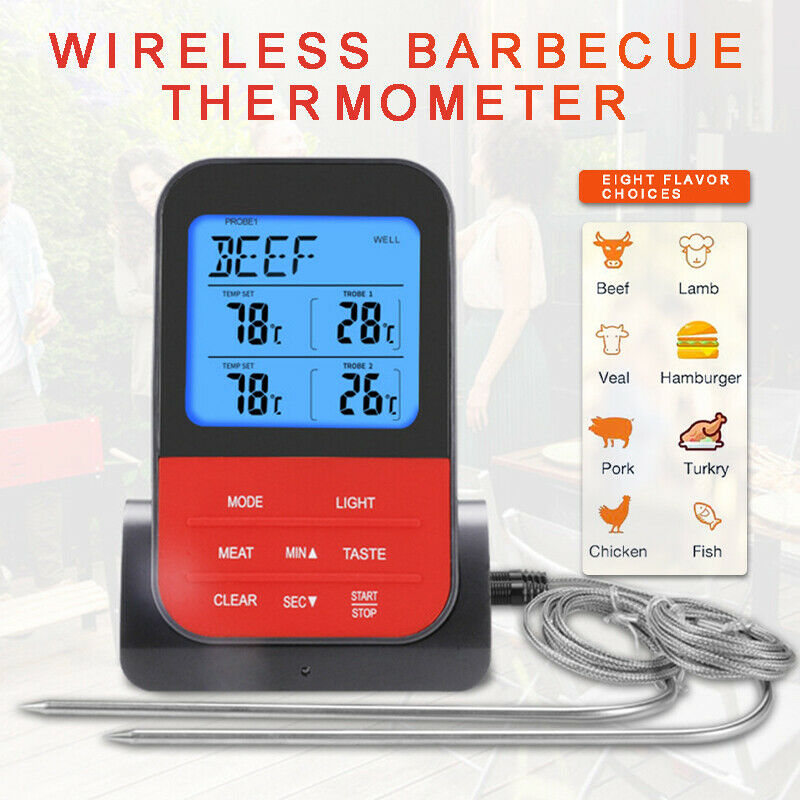 Digital Wireless LCD Remote Thermometer BBQ Grill Kitchen Meat Food Probe Timer