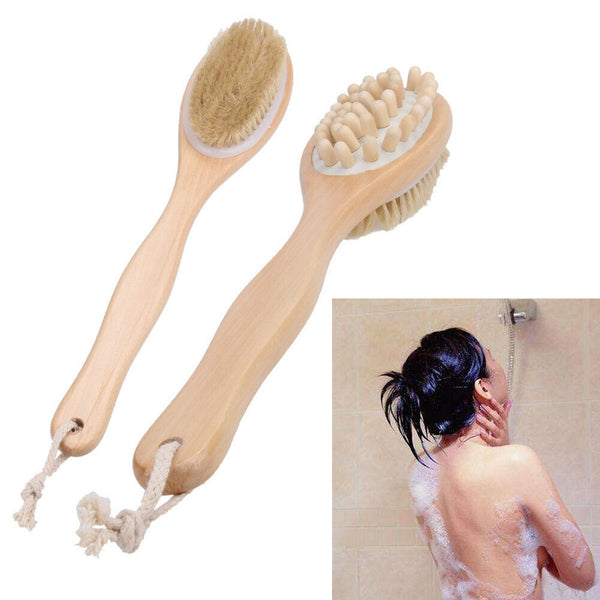 2-in-1 Sided Natural Bristles Scrubber Long Handle Bath Body Brush Massage #JT1