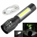 Outdoor T6 COB Flashlight Zoomable LED Torch USB Rechargeable Light Lamp Black