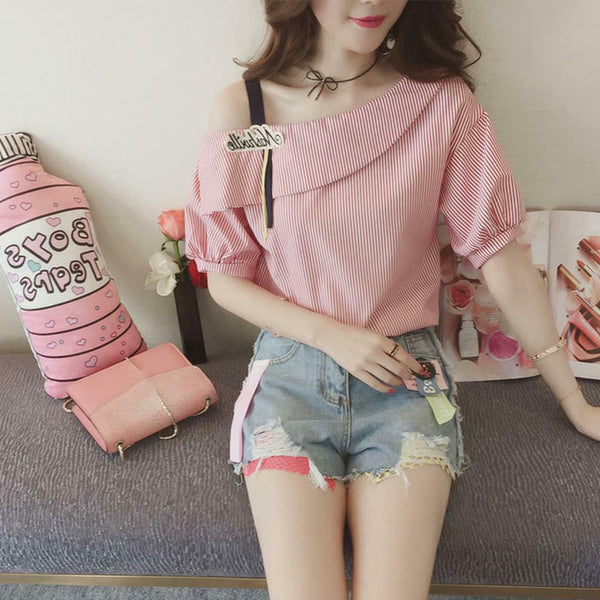 Short Sleeve Hollow Off Shoulder Strapless Stripe Cute Women Tops (Pink XL)