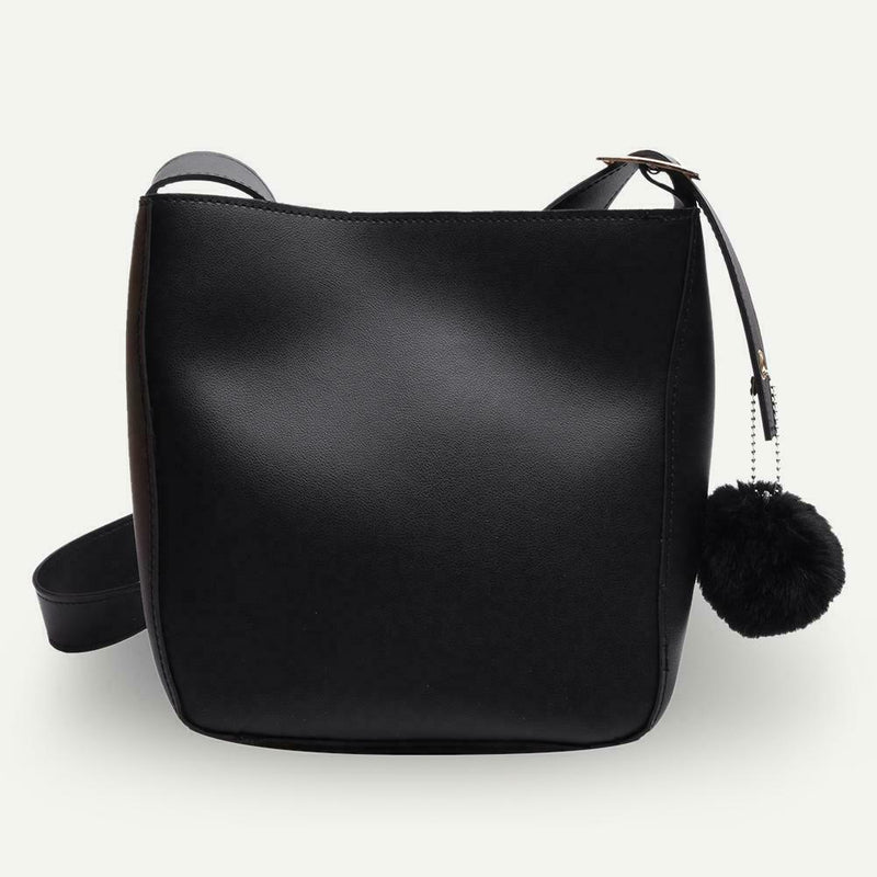 Women PU Leather Shoulder Crossbody Bag Messenger Bucket Handbag (Black)