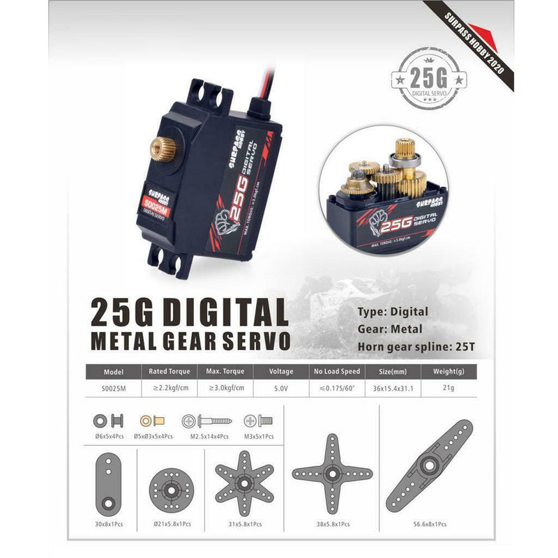 25g Plastic Gear Servo for 1/12 RC Car Aircraft RC Boat Robot S0025M