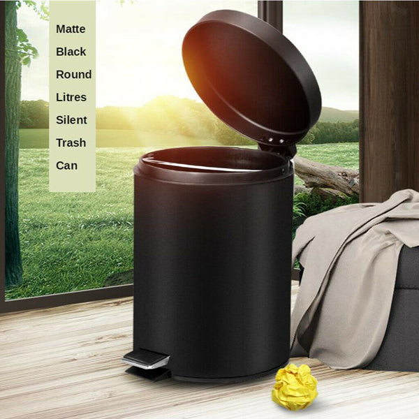 5L Round Metal Step Trash Can Bathroom Silent Wastebasket Garbage Bin Black