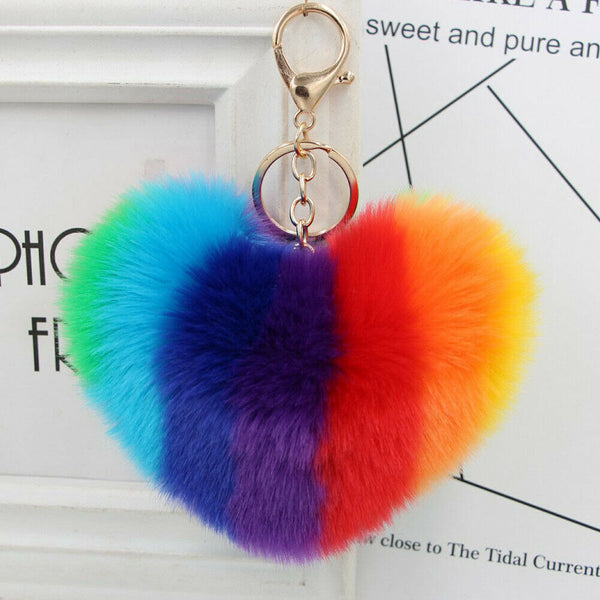 Rainbow Heart Fluffy Ball Keychain Car Key Ring Holder Bag Charm Ornament