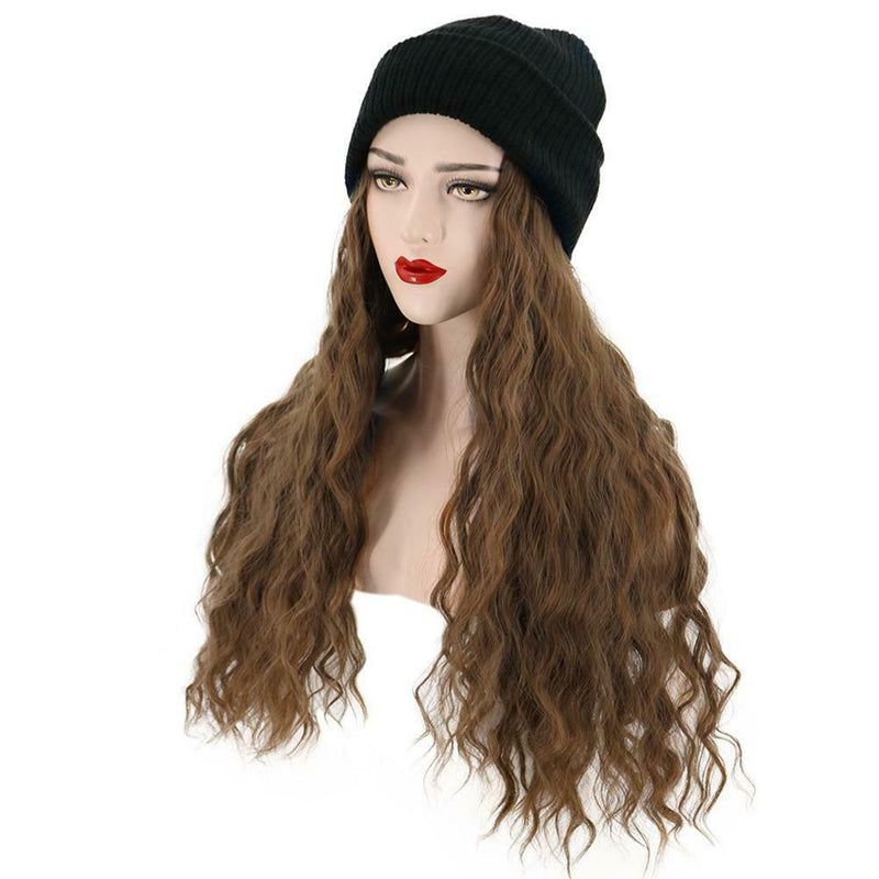 Women Synthetic Wig Beanie Wool Hat Fashion Wig Hair Extensions Brown Attached