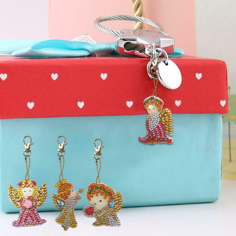 4pcs DIY Full Drill Diamond Paintng Girl Angle Style Special Shape Keychain Gift