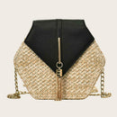 Hex-shape Straw+PU Shoulder Handbags Beach Women Top-handle Bags (Black) SN9F