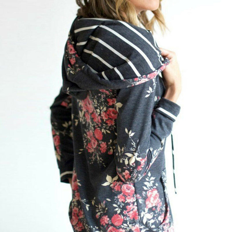 Womens Dark Gray Pullover Long Sleeve Floral Hoodies Coat Sweatshirt W/ Pocket