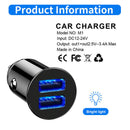 Mini 3.4A Fast Car Charger QC3.0 Certified Quick Charge Dual USB Port Black