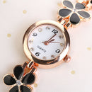 Girls Chic Fashion Flower Rose Golden Bracelet Wrist Watch Black