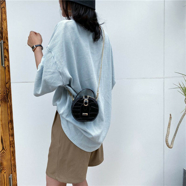 Mini Round Tote Shoulder Bag Women Leather Chain Messenger Purse (1 Black)