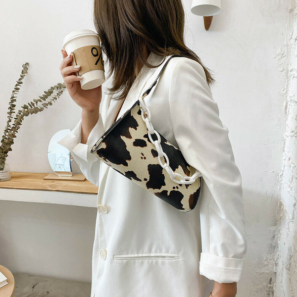 Cow Print Handbag Women PU Acrylic Chain Underarm Shoulder Bags (Beige)