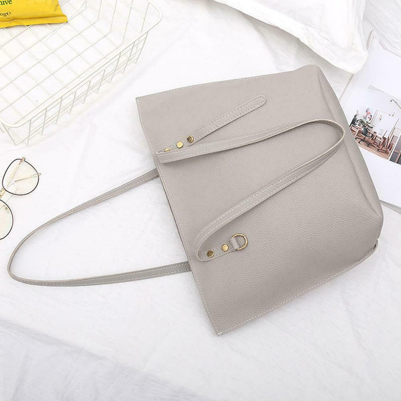 4pcs/set Solid Color Litchi Pattern Women Shoulder Handbags Clutch (Grey)