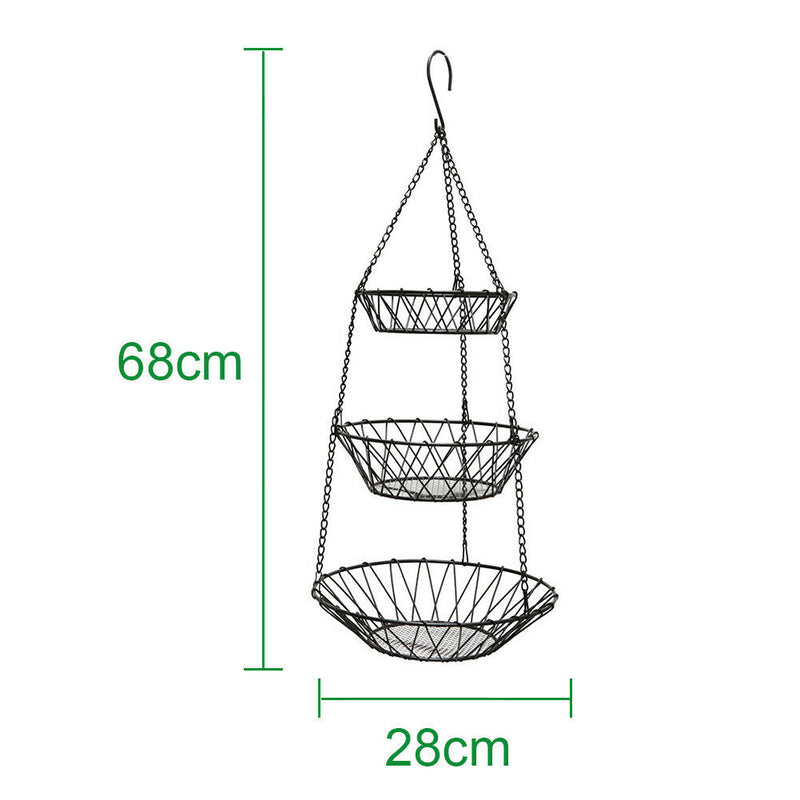Plants Fruit Basket Pierced Country Style Home Space Saving Chain Hanging 3 Tier