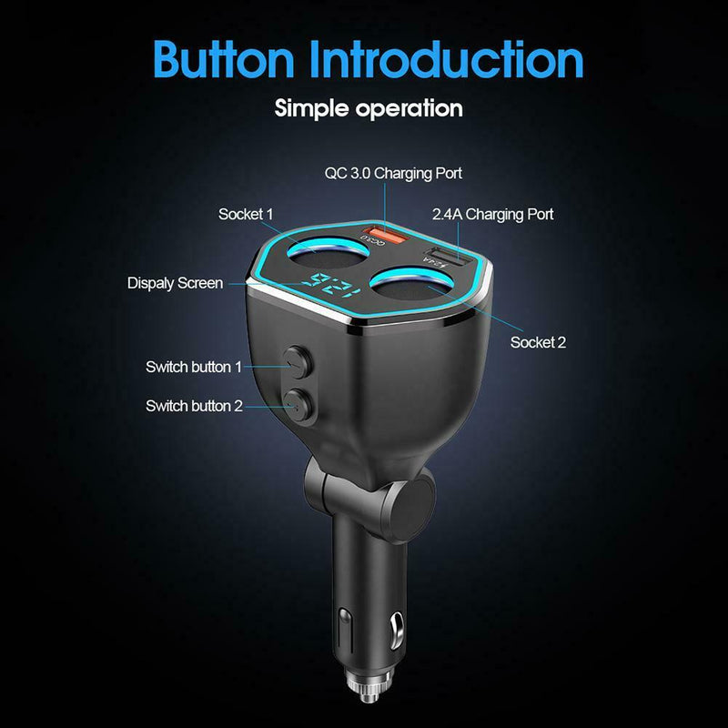 A21Q Dual USB 5V 2.4A QC3.0 LED Digital Car Phone Charger w/Lighter Sockets A