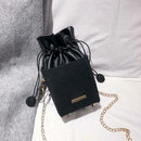 Elegant Leather Messenger Bag Women Shoulder Drawstring Handbag (Black)