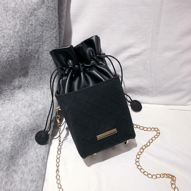 Elegant Leather Messenger Bag Women Shoulder Drawstring Handbag (Black)