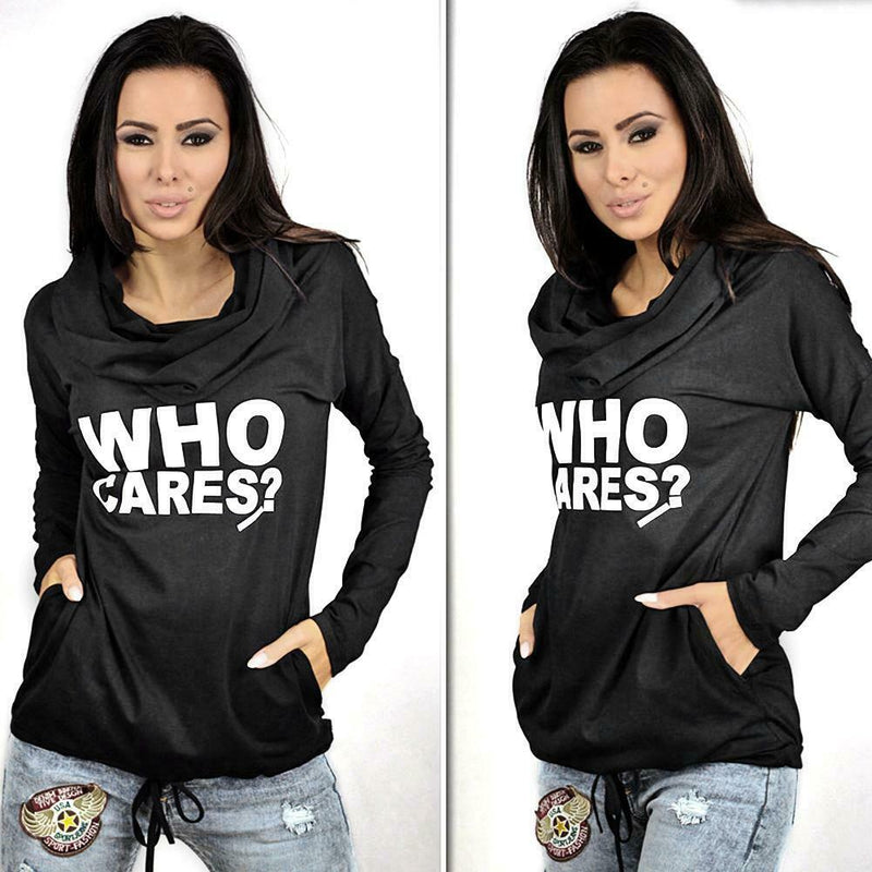 Autumn Pile Collar Letter Print Pullover Women Long Sleeve Tops (Black M)
