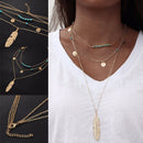 3 Layers Womens Boho Pendant Necklace Metal Feather Beads Sexy Jewellery