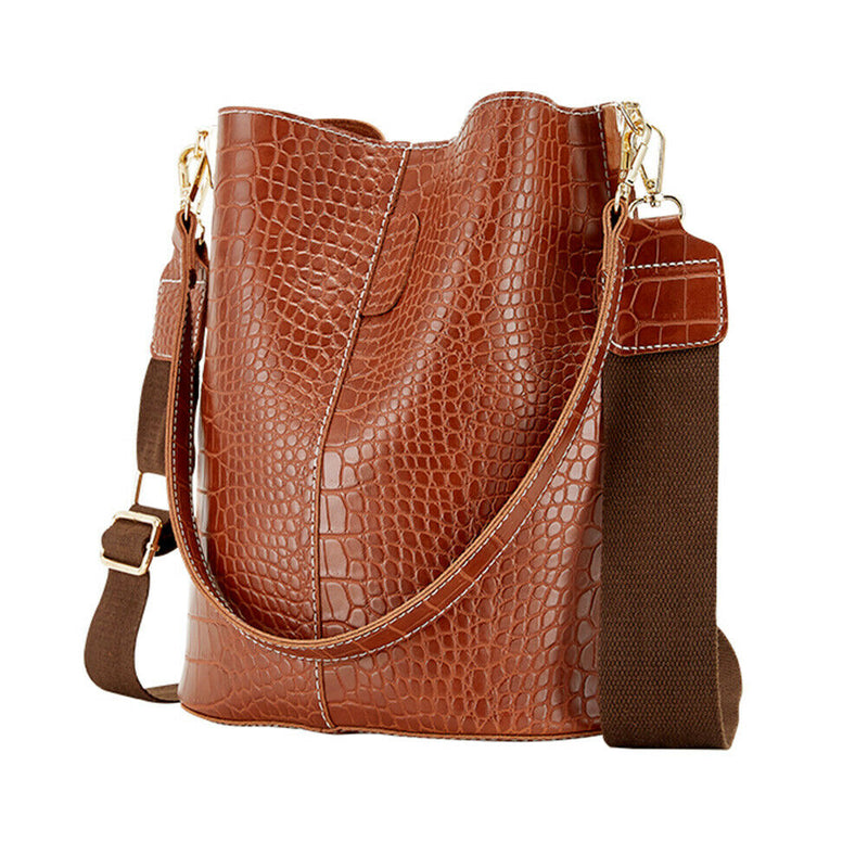 Crocodile Leather Women Shoulder Bag Messenger Bucket Handbag (Light Brown) A